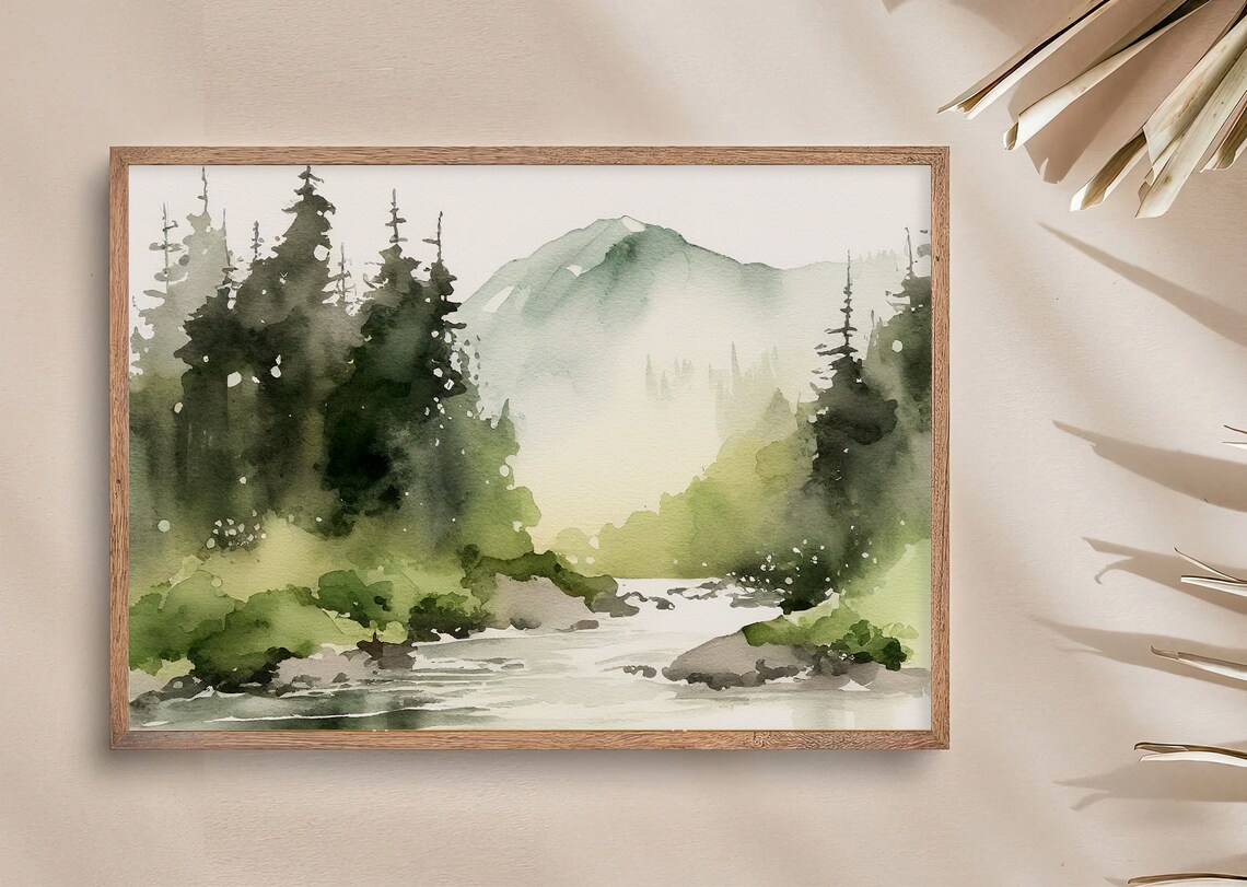 Rocky Mountains Watercolor Art Print, Misty Forest - Image 2