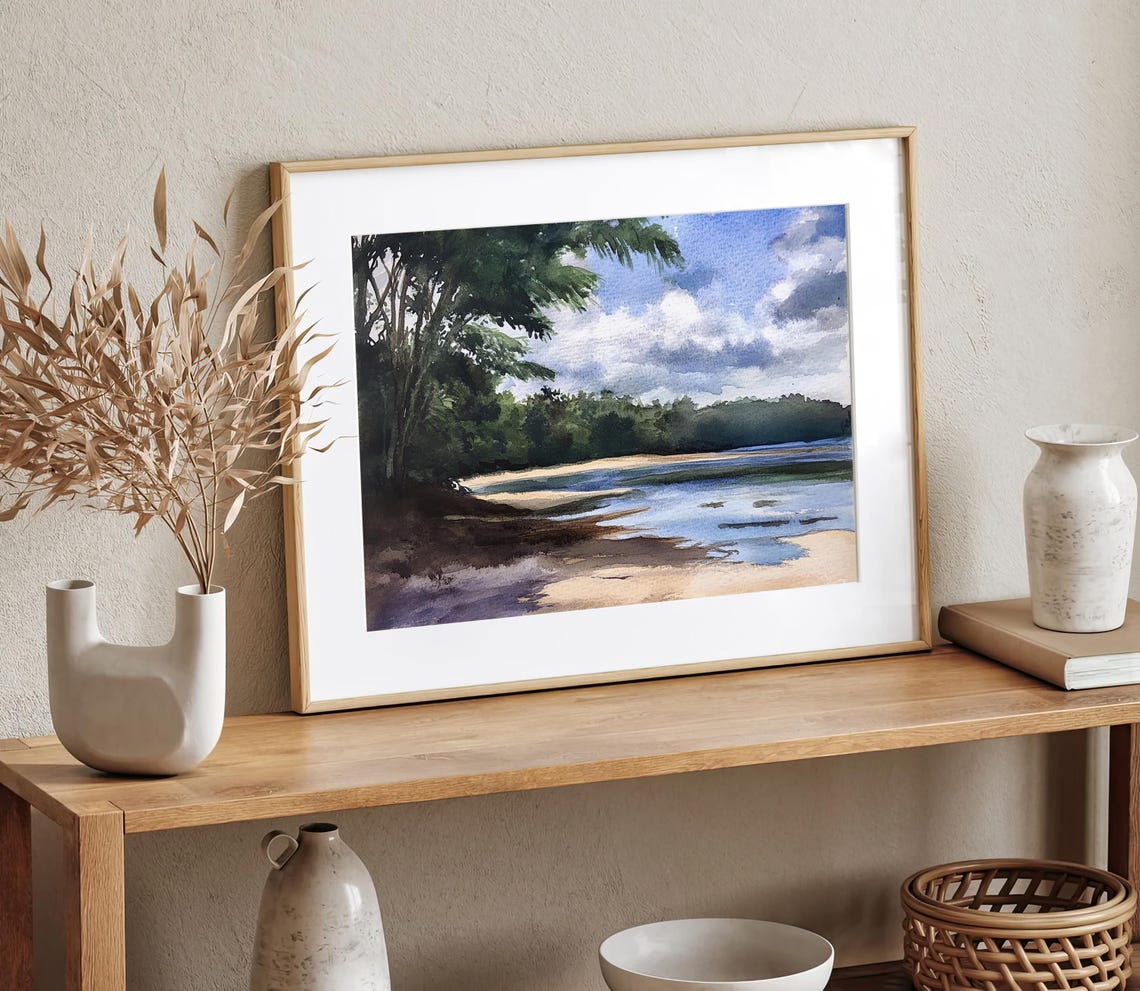 Tropical Beach Lagoon Watercolor Landscape Poster with Palm Trees - Image 2