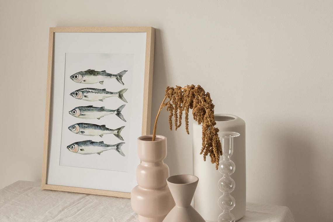 Sardine Fish Row Watercolor Kitchen Seafood Art Coastal Poster - Image 2