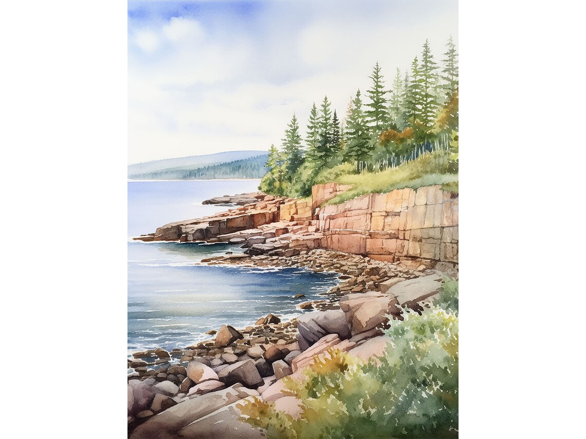 Otter Cliff Acadia Maine Watercolor Art Print