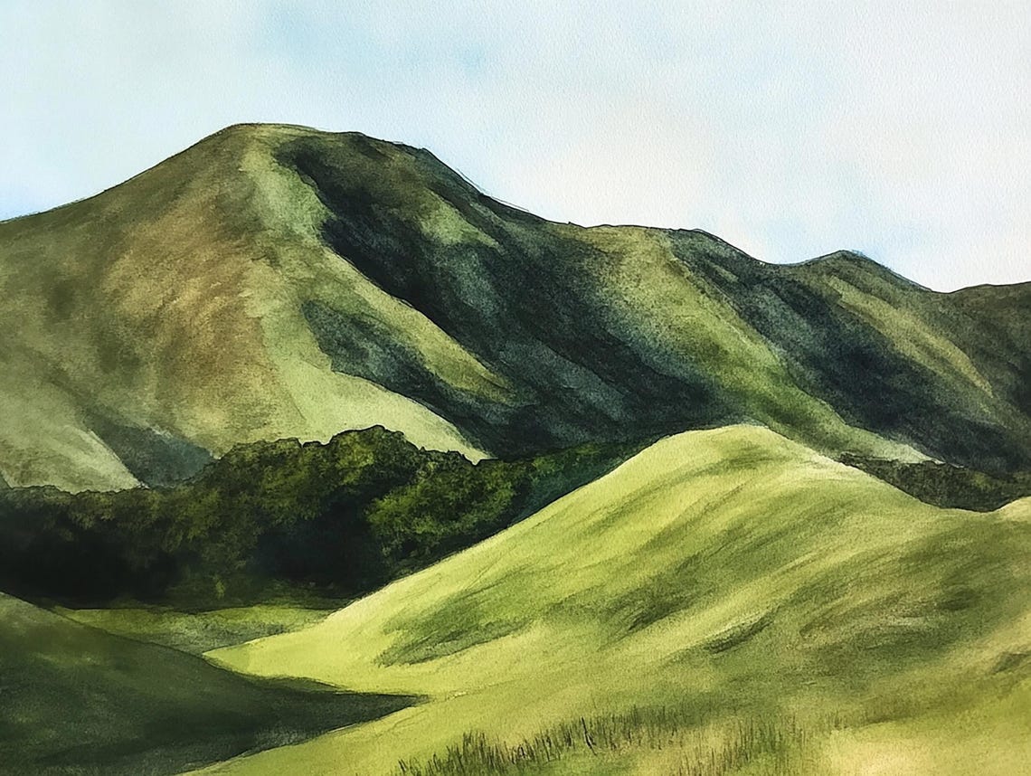 Rolling Green Hills in Soft Golden Morning Light Watercolor Poster