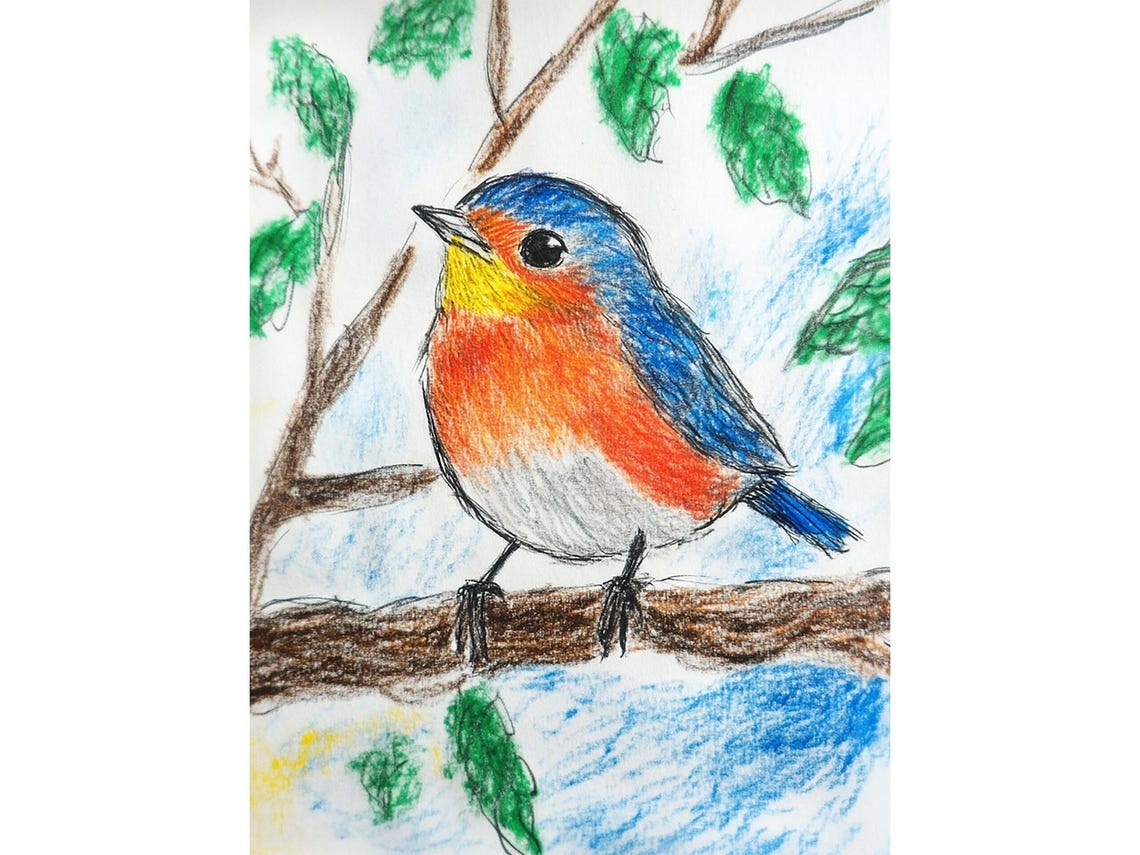 Colorful Blue and Orange Songbird Crayon Drawing Kids Room Poster
