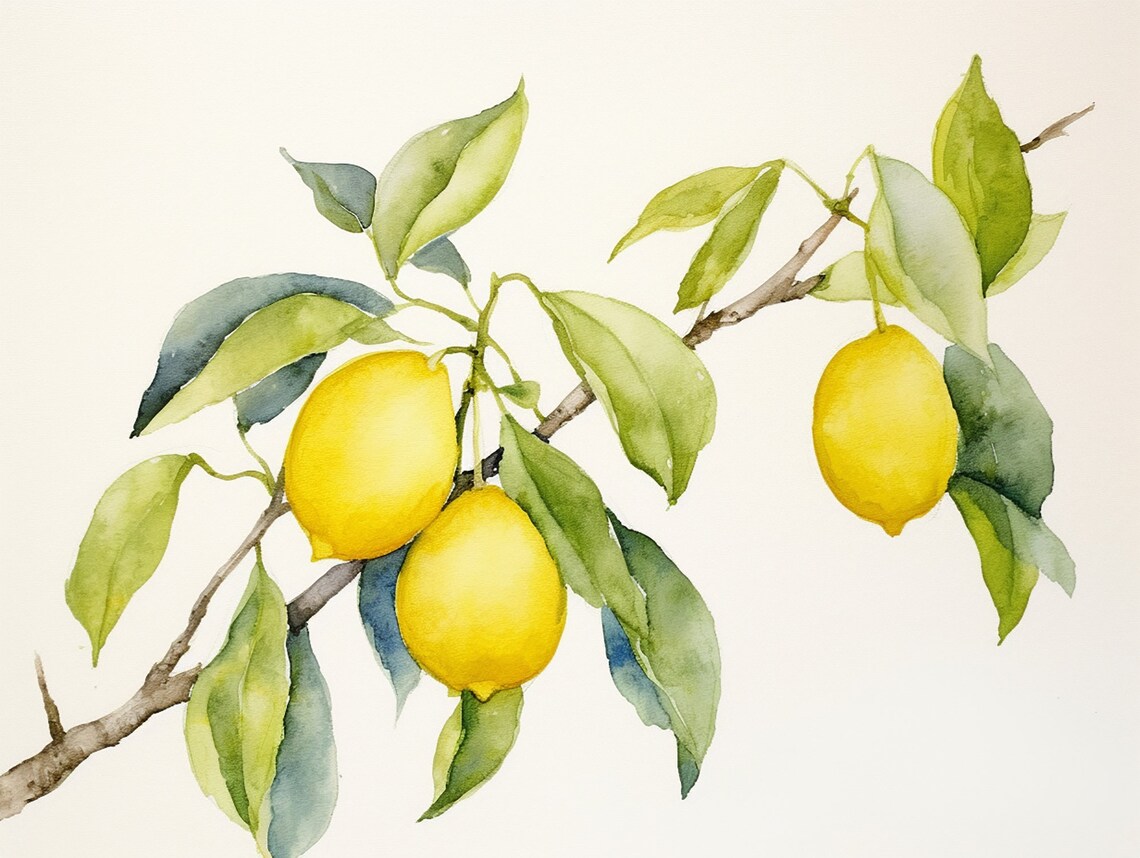 Lemon Branch Watercolor Art Print, Botanical Kitchen Decor