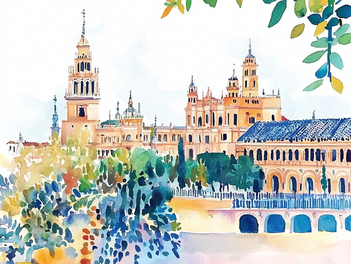 Seville Watercolor Art Print, Plaza De Espana