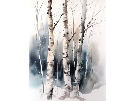 Snowy Birch Tree Watercolor Art Print, Aspen Forest