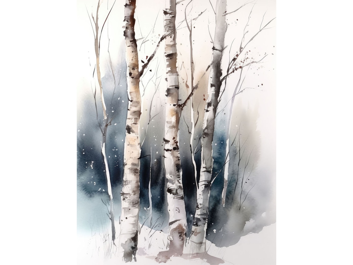 Snowy Birch Tree Watercolor Art Print, Aspen Forest