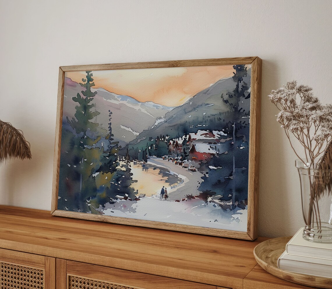 Lake Chelan Winter Mountain Lake Sunset Pines Watercolor Poster - Image 2