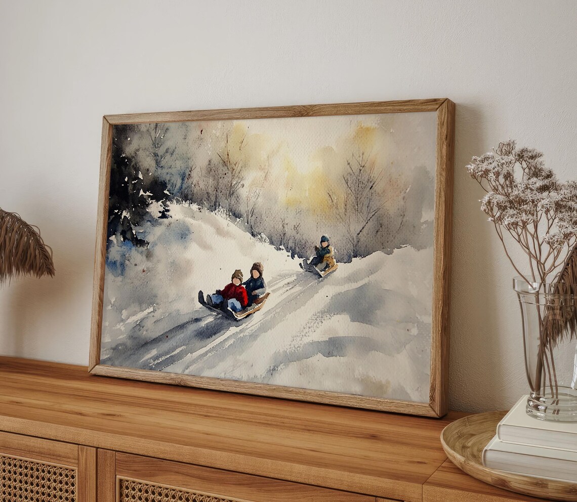 Christmas Children Sledding Winter Forest Watercolor Art Print - Image 4
