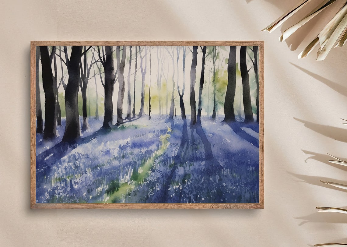 Enchanted Bluebell Forest with Towering Sunlit Trees Watercolor Poster - Image 4