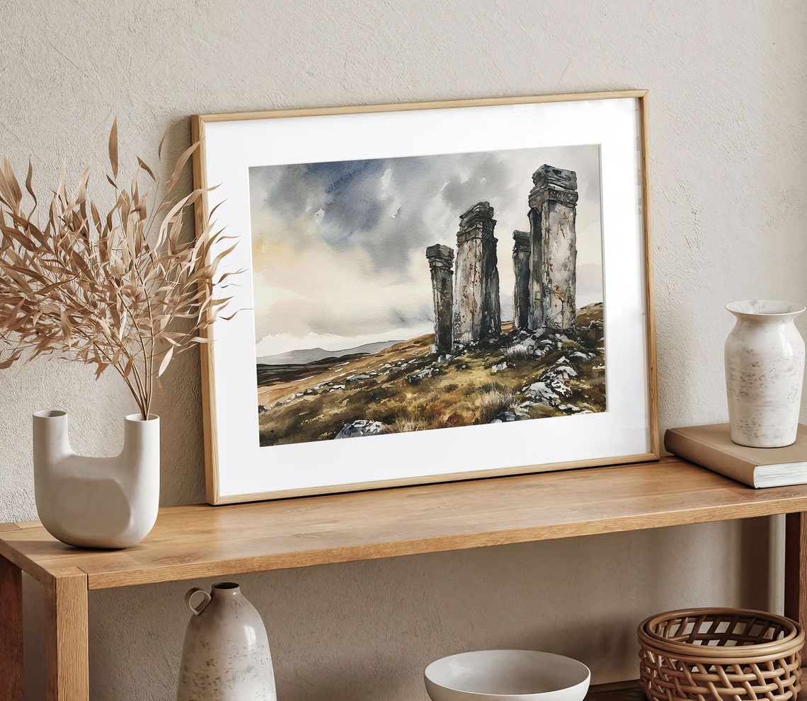 Ancient Stone Pillars Moor Ruins Dramatic Sky Watercolor Poster - Image 3