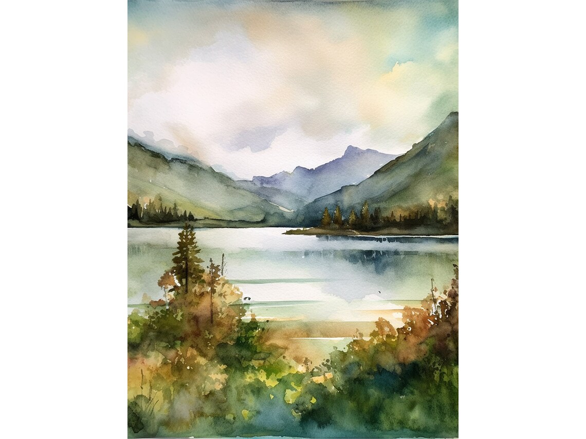 Misty Mountain Watercolor Lake Lure Art Print