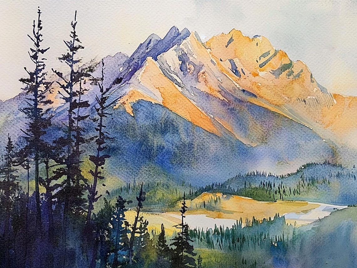 Sunrise Mountain Peaks Orange Purple Alpine Watercolor Poster