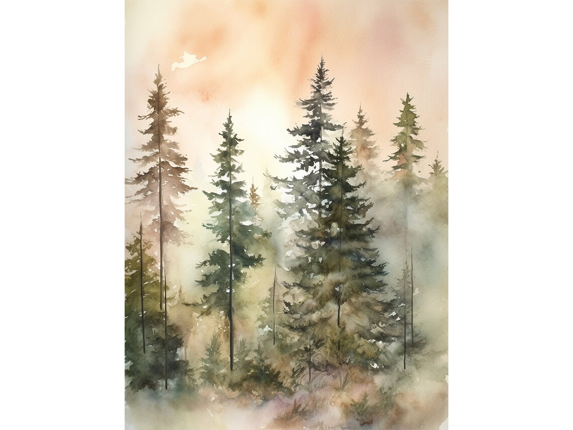 Pine Trees Watercolor Evergreen Landscape Art Print