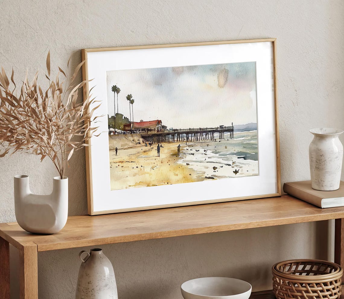 Sunny California Beach Pier with Tall Palm Trees Watercolor Poster - Image 3