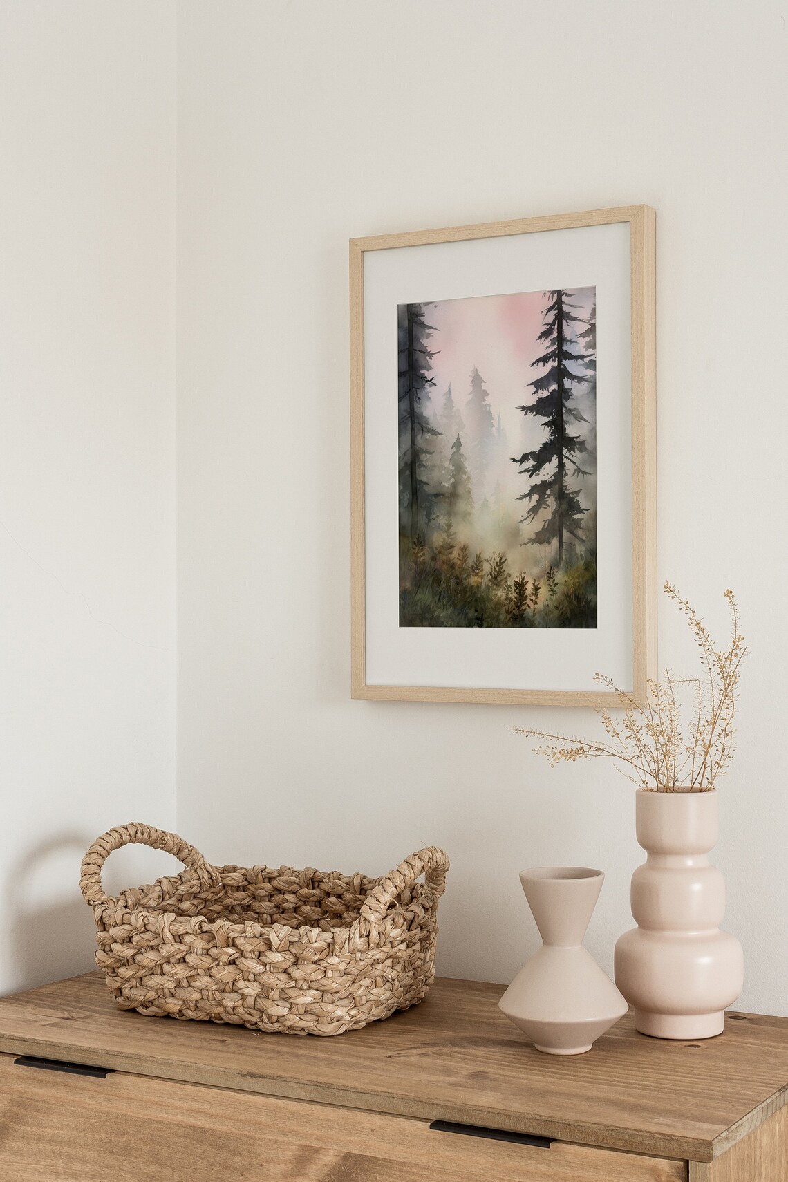 Pine Forest Watercolor Foggy Sunrise Art Print - Image 2