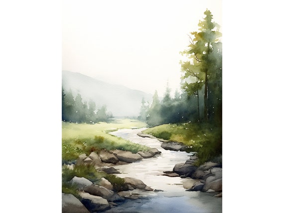 Pine Creek River Painting Colorado Watercolor Art Print Mountain River Landscape Misty Pines Wall Art Green Forest Artwork