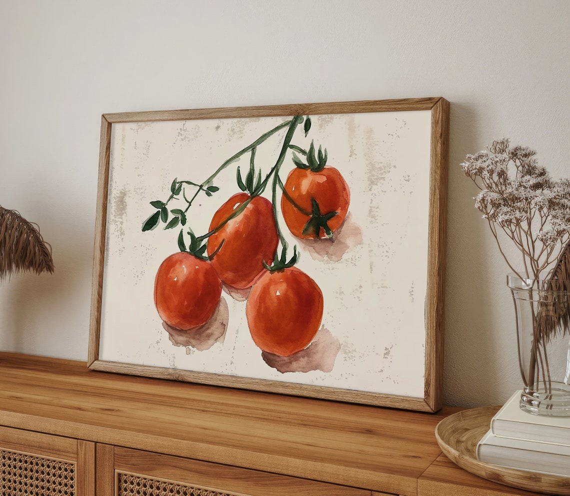 Ripe Red Tomatoes on the Vine Botanical Watercolor Kitchen Poster - Image 2