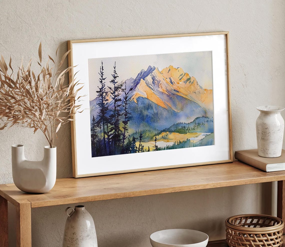 Sunrise Mountain Peaks Orange Purple Alpine Watercolor Poster - Image 2