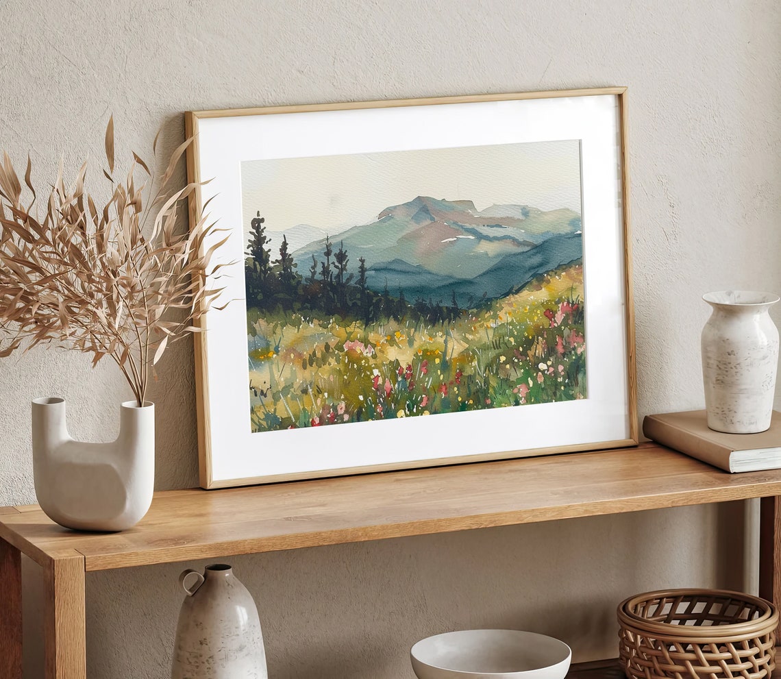 Alpine Wildflower Meadow with Layered Mountain Peaks Watercolor Poster - Image 3