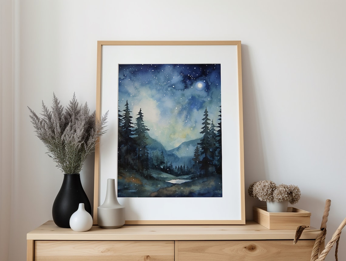 Night Sky Appalachian Mountains Watercolor Art Print - Image 3