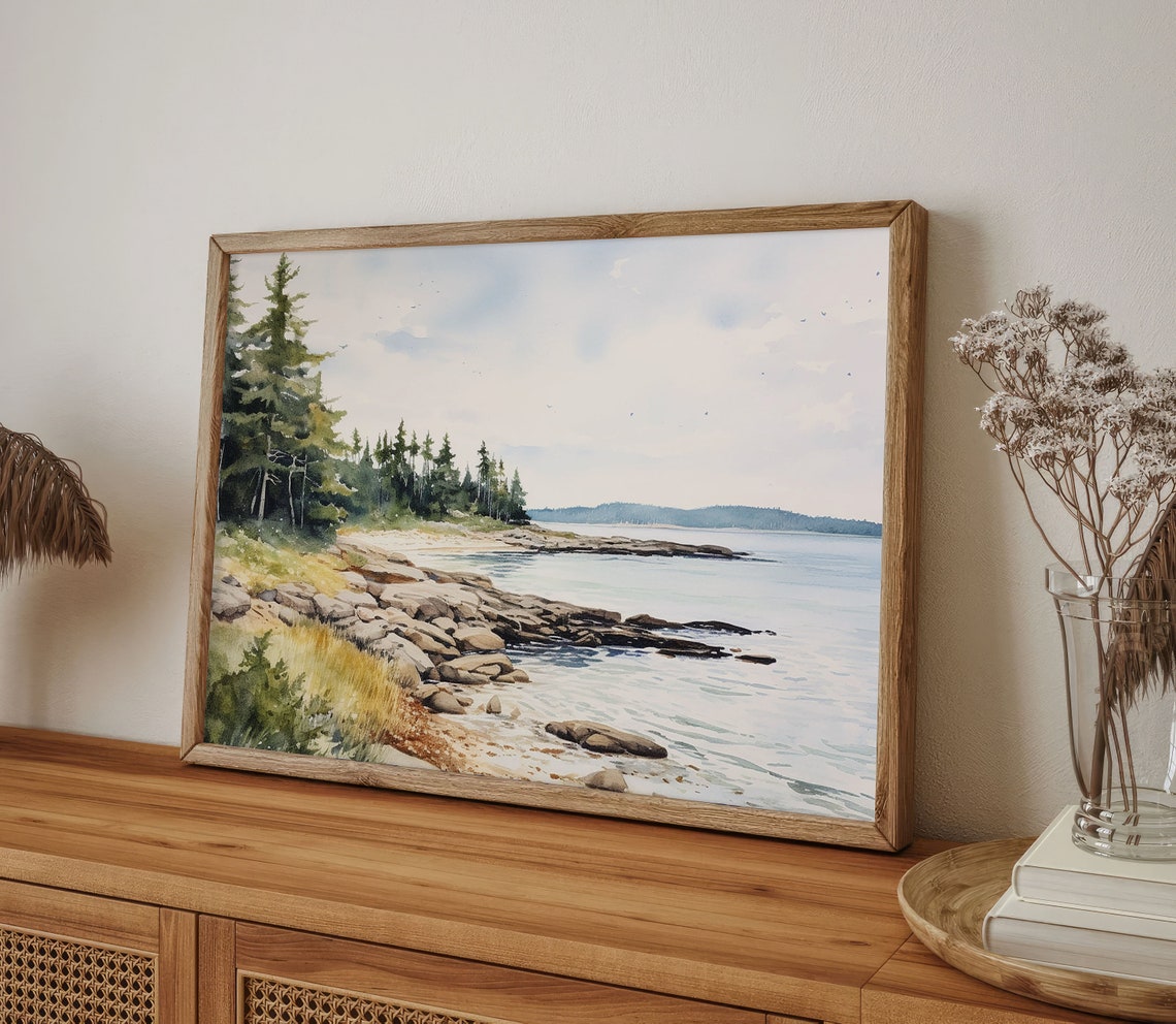 Maine Rocky Shore Pine Trees and Tidal Water Watercolor Coastal Poster - Image 2