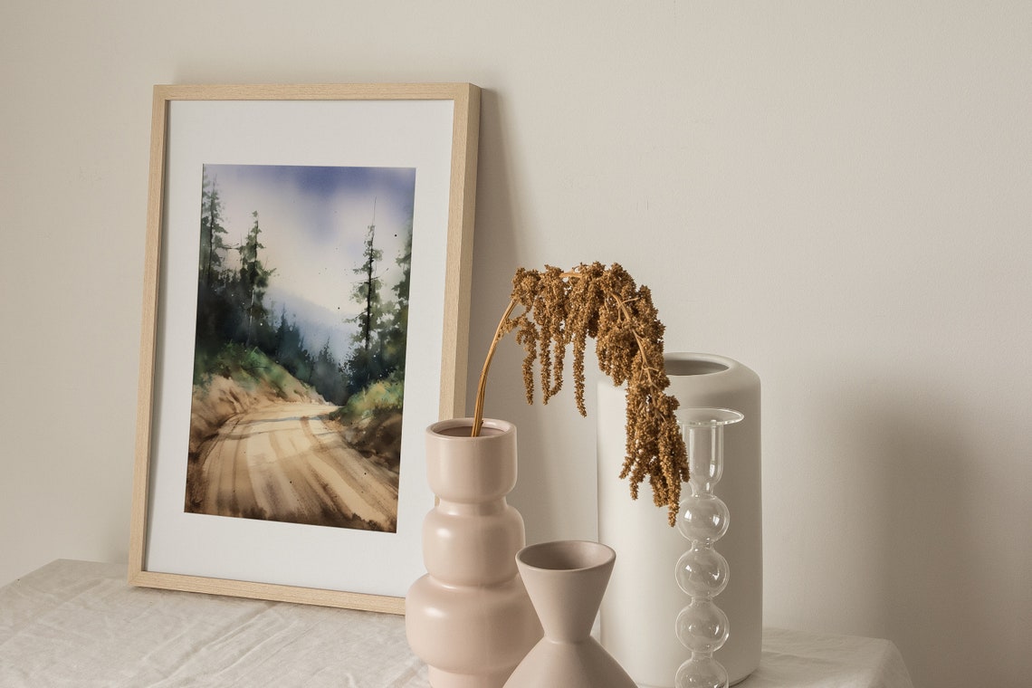 Forest Dirt Road Through Pines Morning Light Watercolor Poster - Image 2