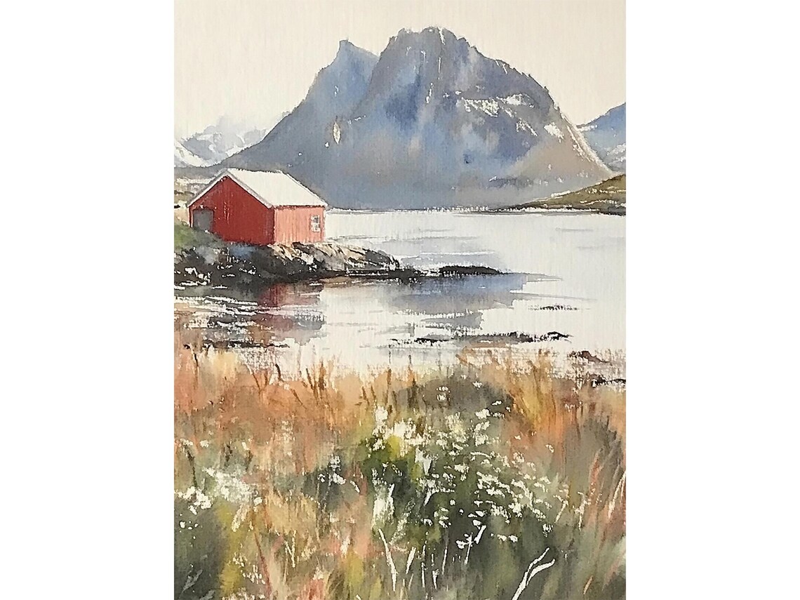 Red Cabin on a Nordic Fjord Beneath Mountain Peaks Watercolor Poster