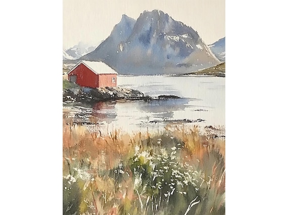 Norway Painting Bergen Watercolor Art Print Scandinavian Countryside Wall Art Mountain Lake Print