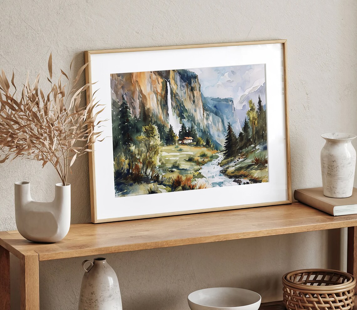 Staubbach Waterfall Switzerland Landscape Watercolor Art Print - Image 5