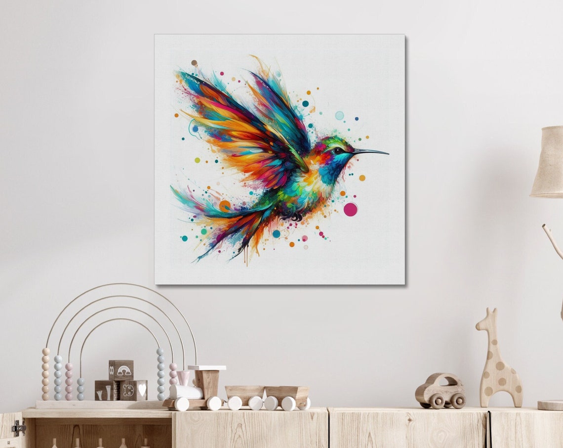 Rainbow Watercolor Splash Hummingbird Flight Bird Art Wall Poster