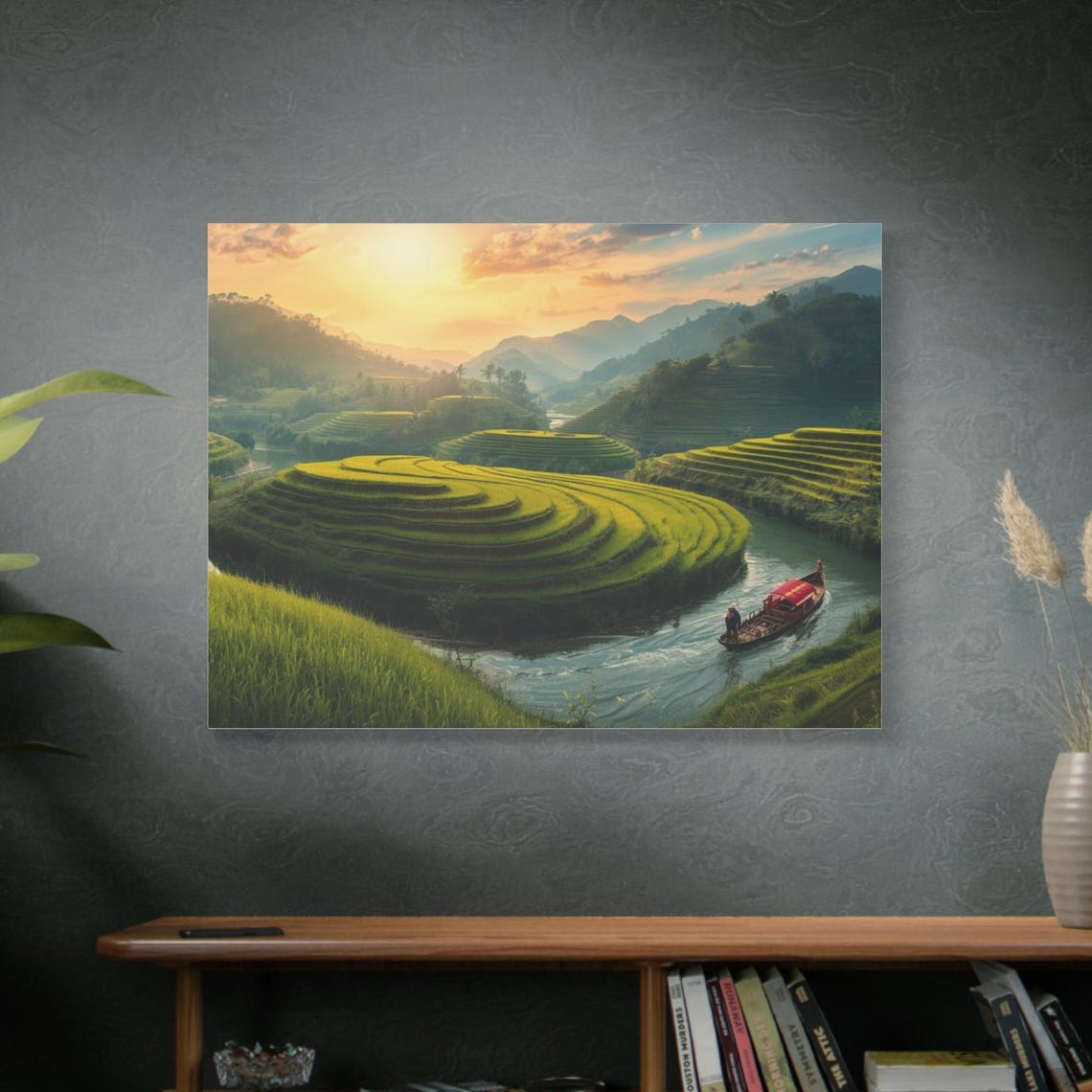Thailand Rice Terrace Fields Sunrise River Boat Mountain Poster