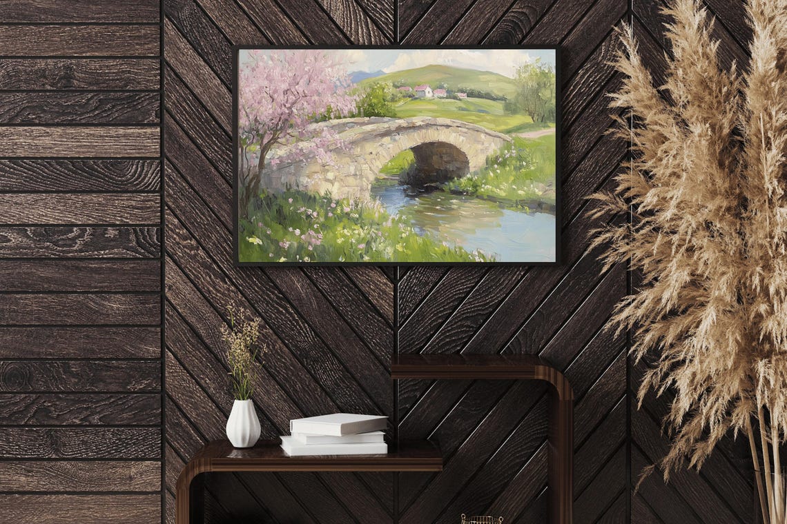 Stone Bridge Over River With Cherry Blossom Spring Landscape Poster - Image 2