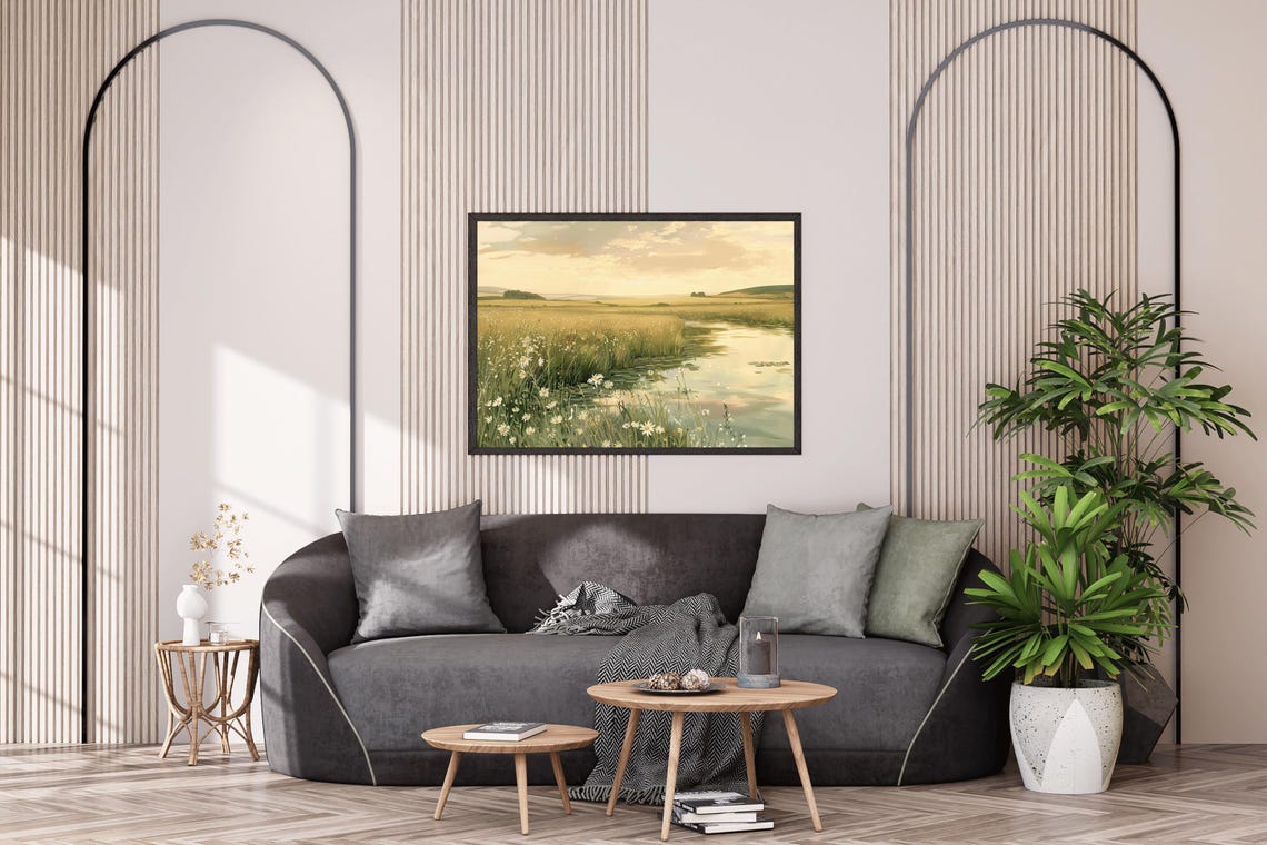 Wildflowers River Bend Golden Evening Light Serene Nature Art Poster - Image 3