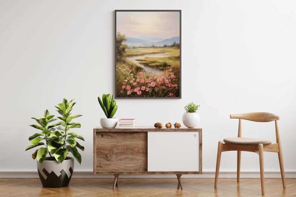 Pink Wildflowers Stream Golden Valley Hazy Mountains Pastel Sky Poster - Image 3