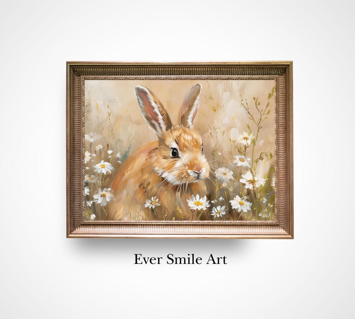 Brown Bunny In Daisy Field Soft Vintage Wildflower Rabbit Art Poster