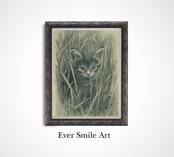 Kitten Hiding In Tall Grass Vintage Green Nursery Cat Sketch Art Poster