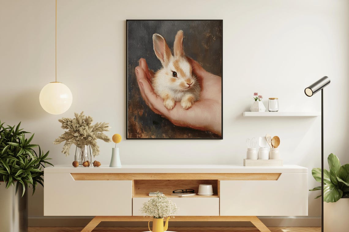 Tiny Bunny In Cupped Hands Vintage Oil Painting Nursery Wall Art - Image 5