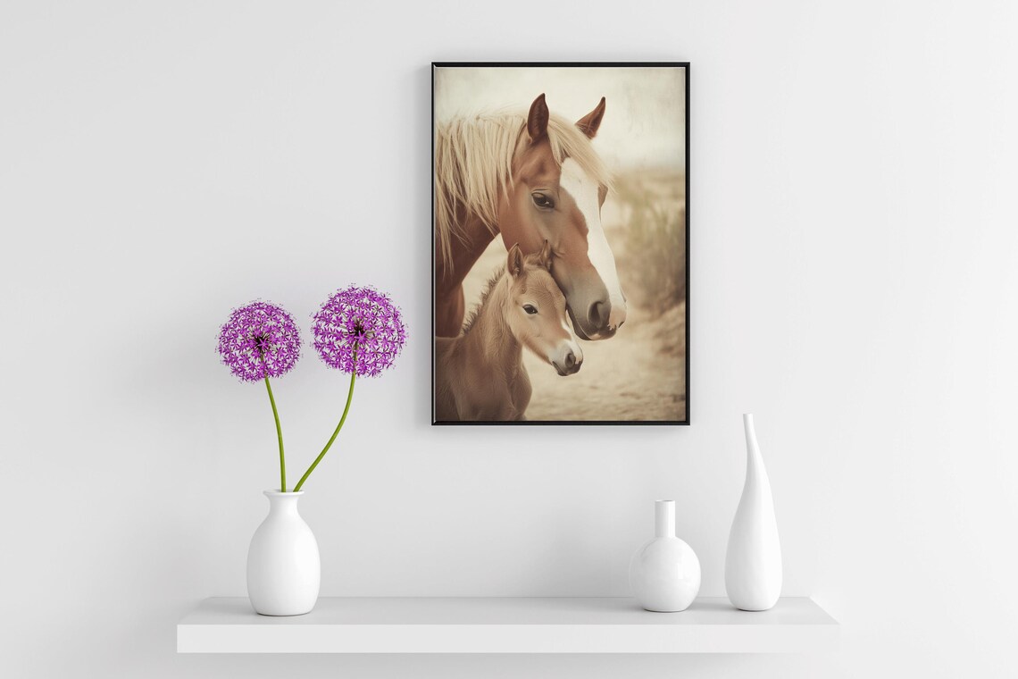 Mare And Foal Tender Horse Portrait Vintage Rustic Wall Art Poster - Image 3