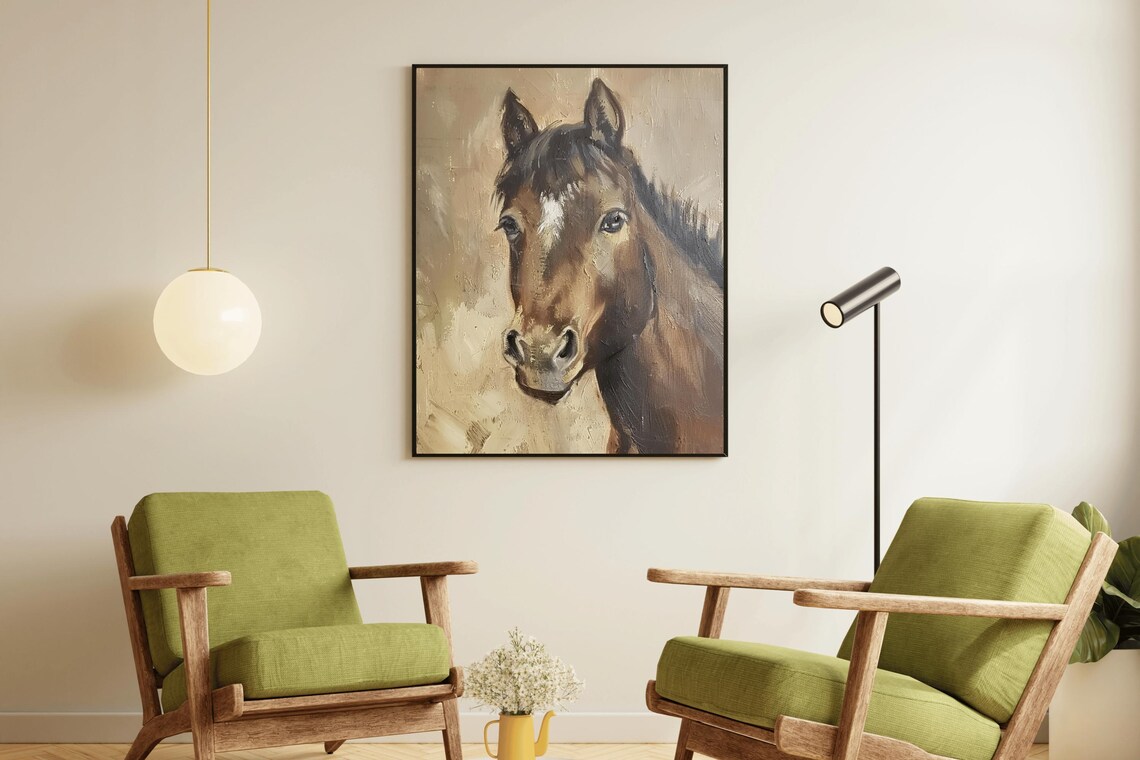 Brown Horse Portrait Close Up Gentle Eyes Vintage Equine Oil Painting - Image 2