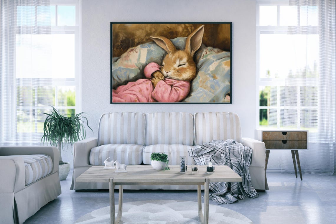 Sleeping Bunny In Pink Pajamas Cozy Vintage Nursery Wall Art Poster - Image 5