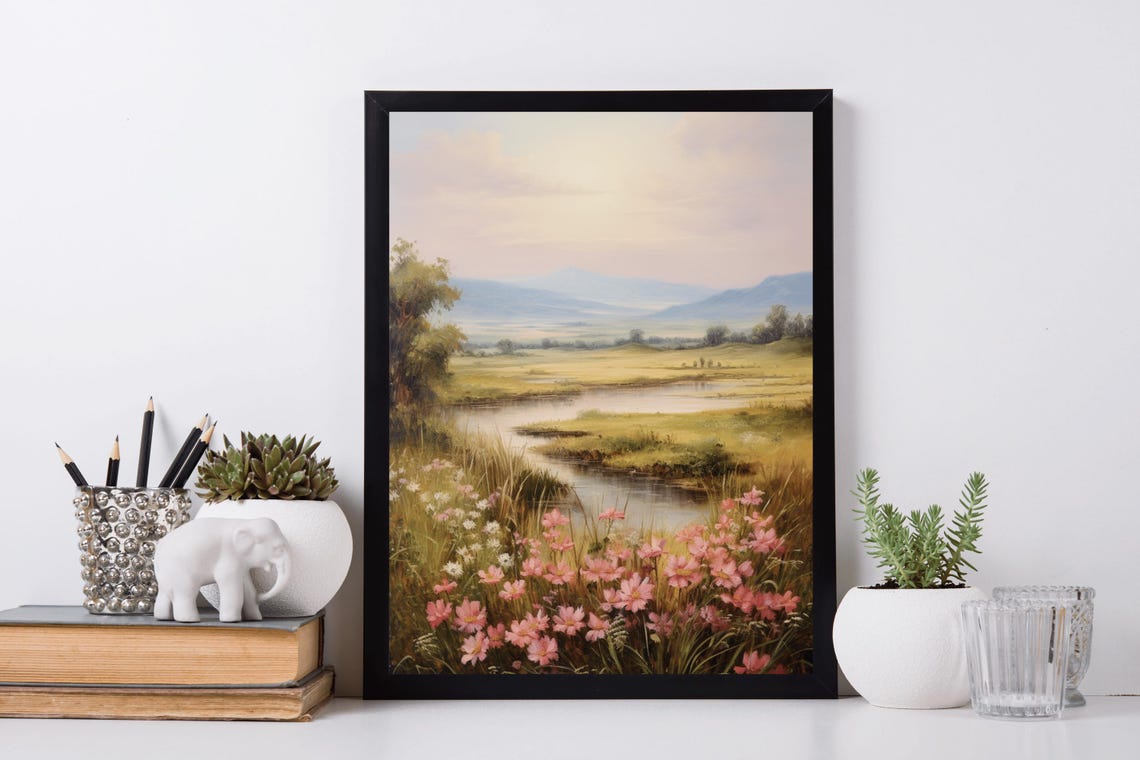 Pink Wildflowers Stream Golden Valley Hazy Mountains Pastel Sky Poster - Image 5