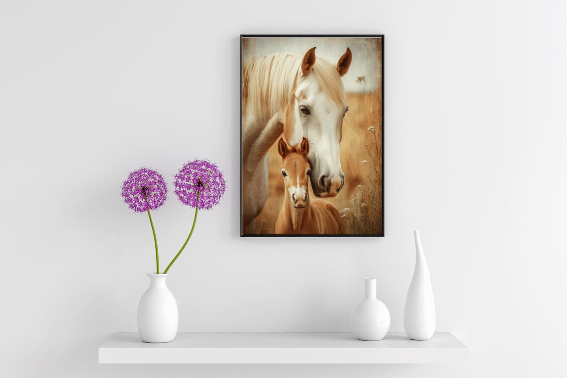 White Mare And Foal In Golden Field Vintage Horse Art Portrait Poster - Image 3