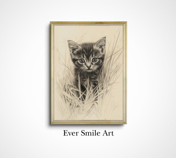Tabby Kitten In Tall Grass Vintage Pencil Sketch Cat Wall Art Poster