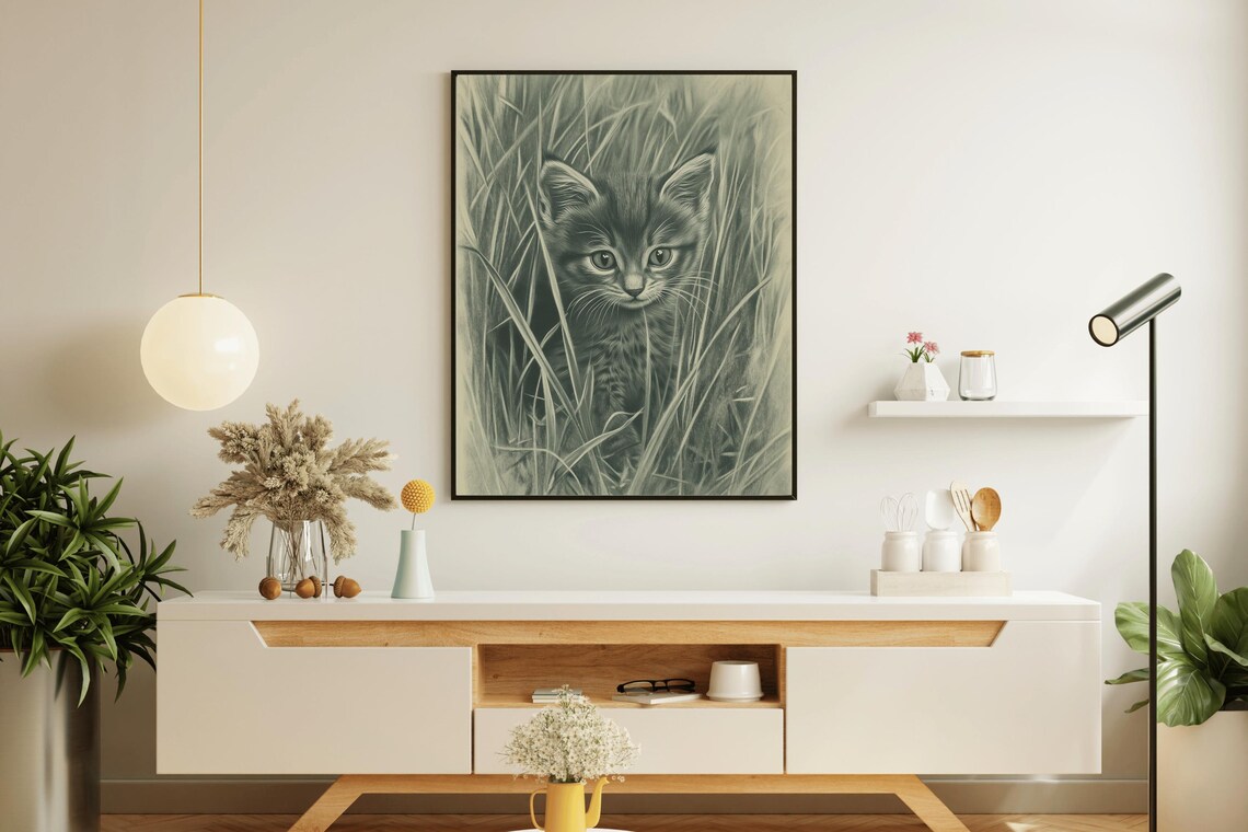 Kitten Hiding In Tall Grass Vintage Green Nursery Cat Sketch Art Poster - Image 5