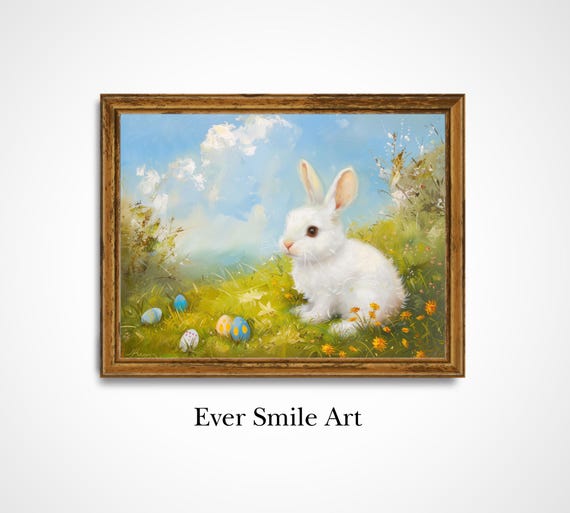Cute White Bunny With Easter Eggs Wall Art Vintage Spring Farmhouse Decor Cottagecore Gift For Kids Rabbit Lovers