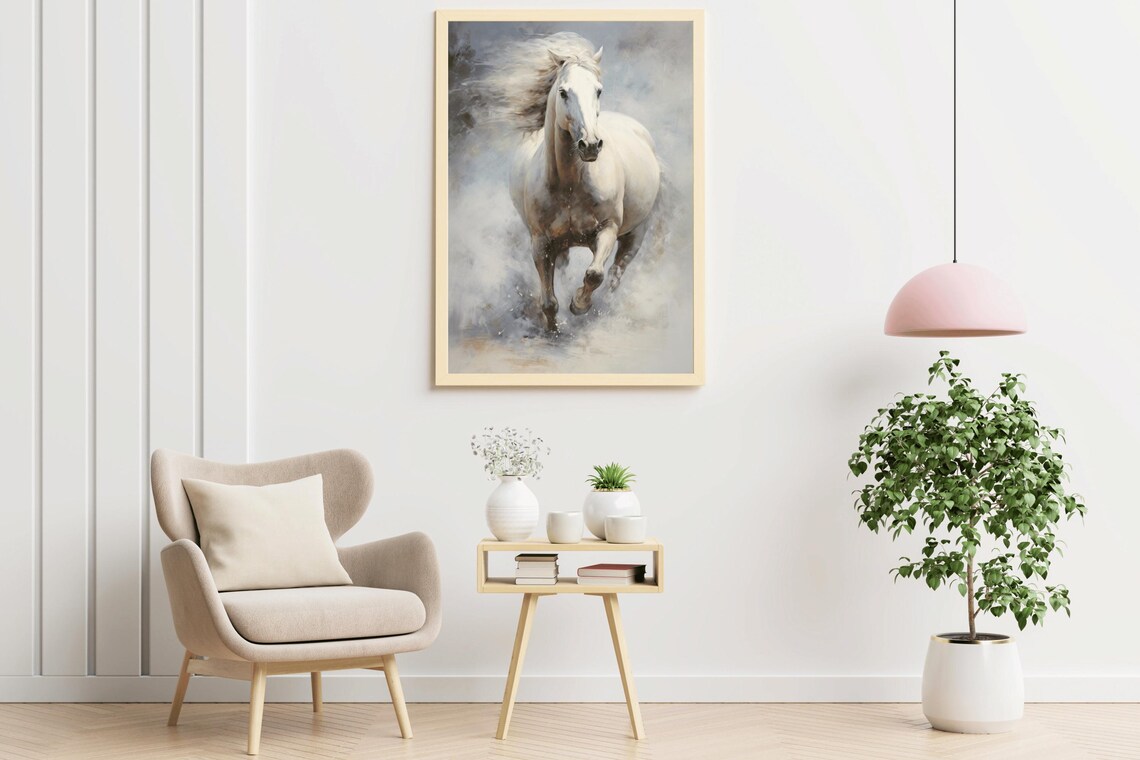 White Horse Galloping Through Mist Majestic Equine Oil Painting Print - Image 2