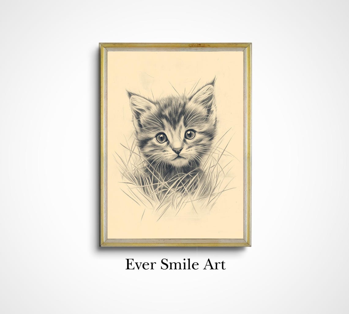 Cute Kitten Pencil Sketch Vintage Cat Drawing Nursery Wall Art Poster