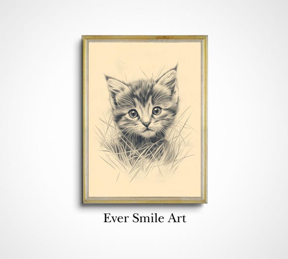 Cute Cat Drawing Wall Art Nursery Decor Baby Room Art Girls Room Decor Kitten Wall Art