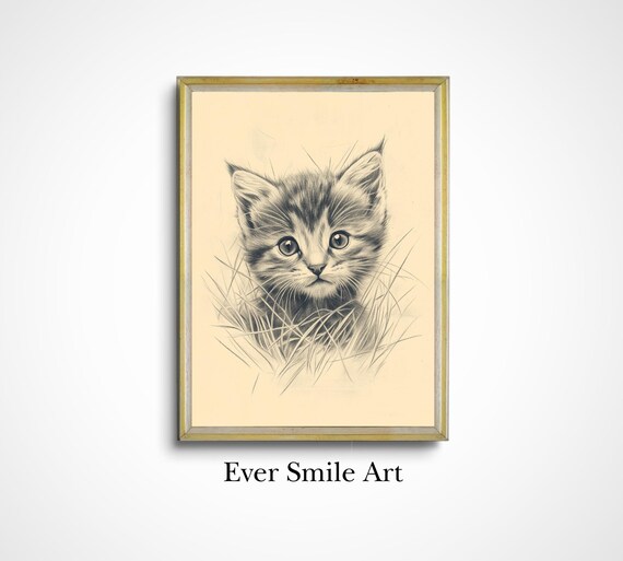Cute Kitten Pencil Sketch Vintage Cat Drawing Nursery Wall Art Poster