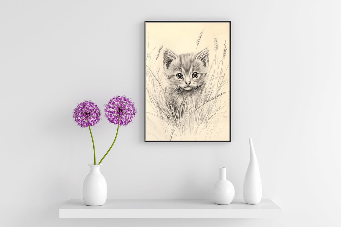Fluffy Kitten Pencil Sketch Vintage Nursery Cat Drawing Wall Art Poster - Image 4
